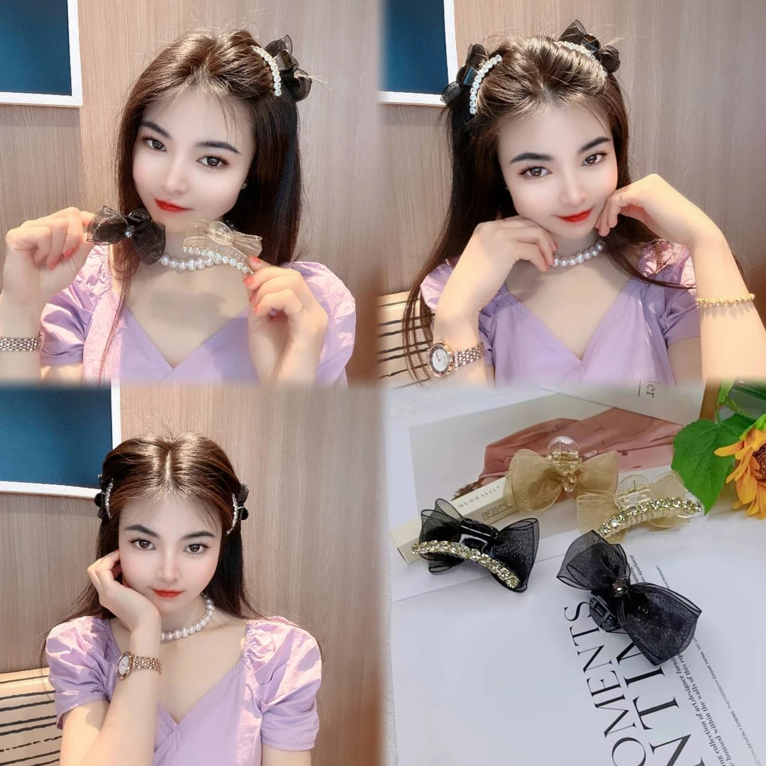 网纱蝴蝶结发夹女夏季侧边高马尾抓夹头饰顶夹