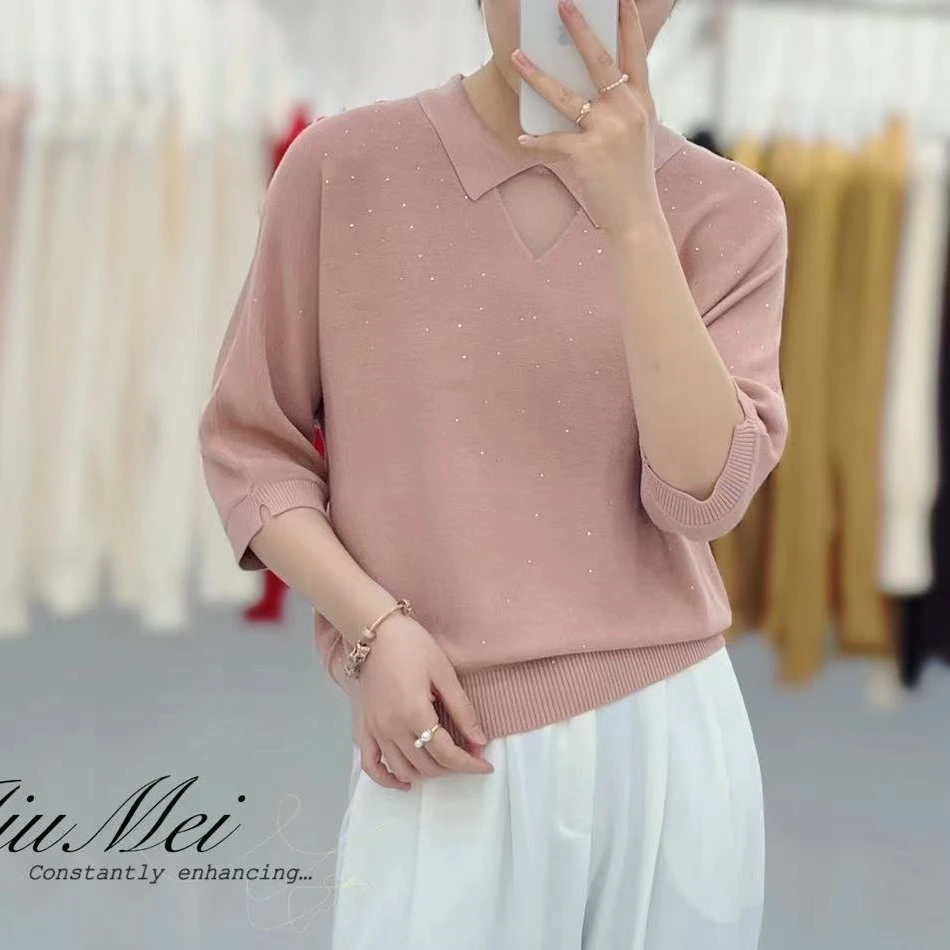 美红家    冰丝针织中袖宽松翻领针织衫