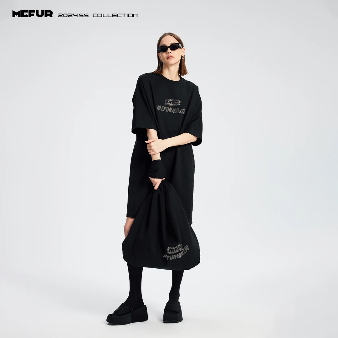 【MEFUR】黑色落肩短袖烫钻中长款T恤裙2025年新款宽松显瘦裙子