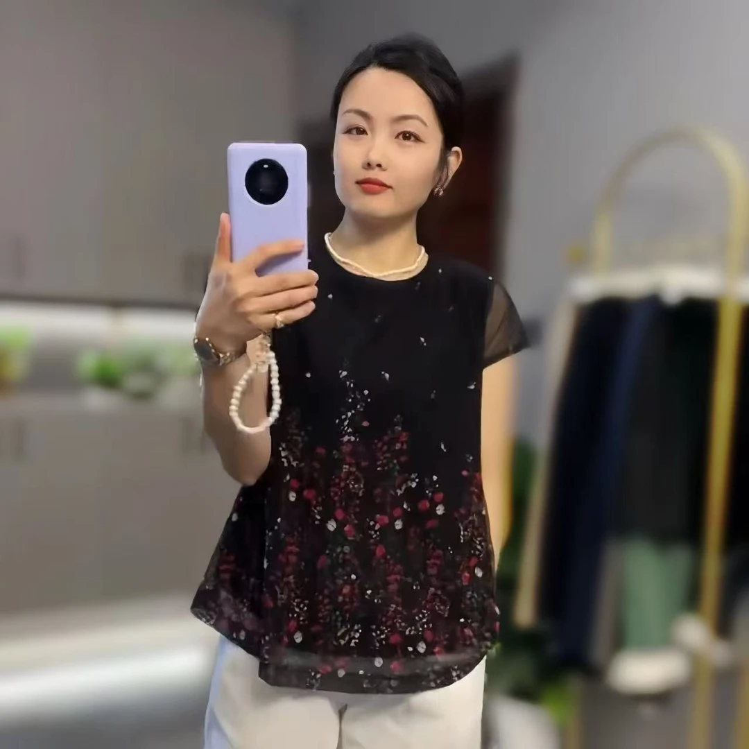 【香香优选】韩国女士圆领花纹短袖衫新款时尚洋气舒适百搭高弹碎花
