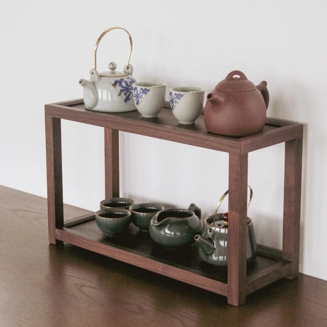 明呈 黑胡桃木双层置物架新中式桌面茶壶茶杯收纳架尺寸42*16*25