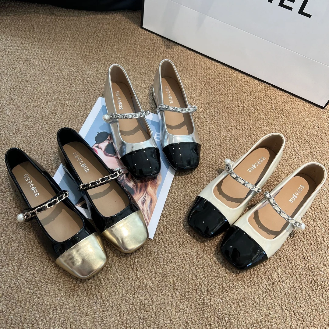 方头法式一字带女新款平底浅口拼色百搭晚晚风芭蕾风单鞋玛丽珍鞋