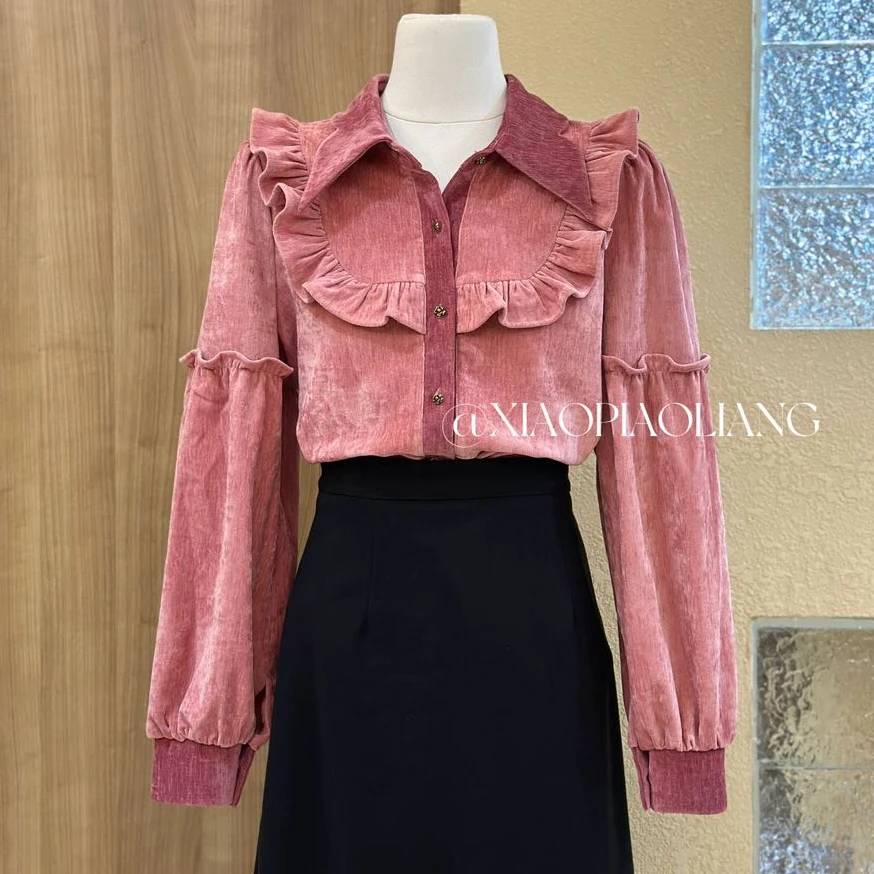 2024港味复古气质秋冬红人上新温柔长袖蝴蝶结撞色衬衫女9816#0.1