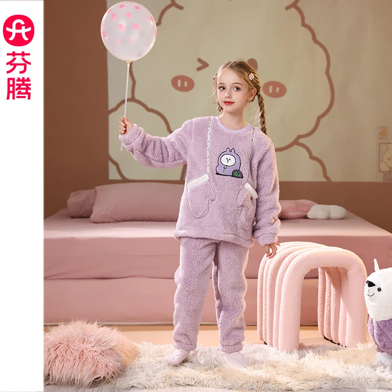 芬腾布朗熊女童睡衣秋冬珊瑚绒套装女孩儿童中大童加绒加厚家居服