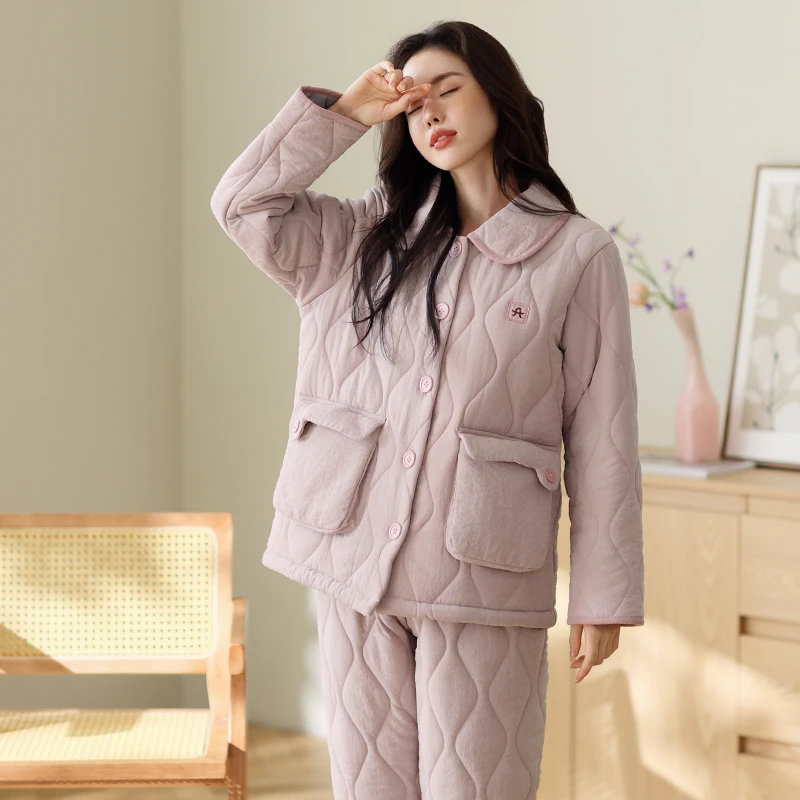 芬腾冬季夹棉睡衣女士三层加厚家居服珊瑚绒加绒保暖套装冬款2024