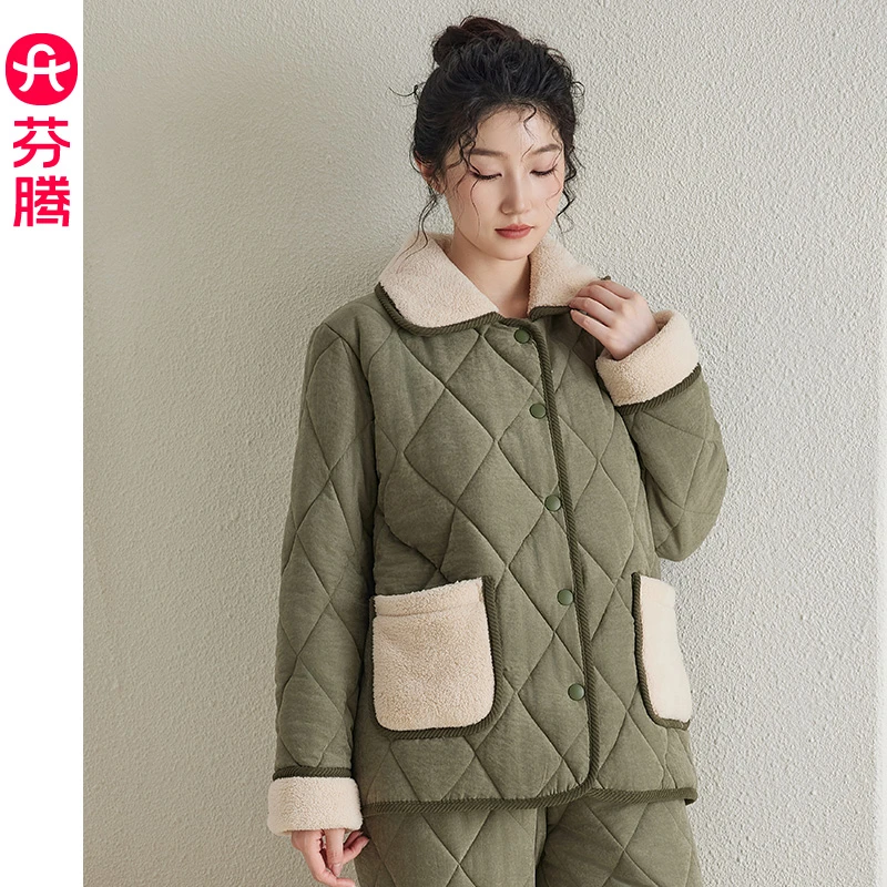 芬腾睡衣女士冬季冬款三层加厚夹棉珊瑚绒加绒家居服大码保暖套装