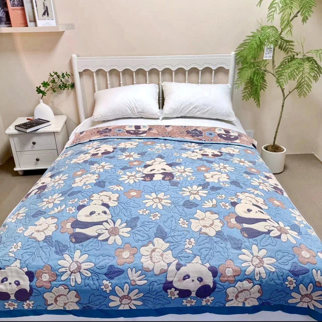 【花朵熊猫】 150cm x 200cm 多功能色织棉纱纱布床盖