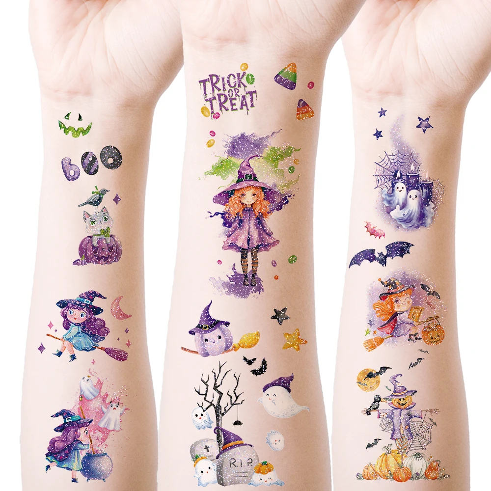 万圣节儿童纹身贴闪粉脸贴个性妆容装饰南瓜灯蜘蛛仿真安全无毒