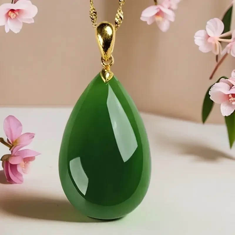 天然玉髓玛瑙水滴吊坠全银925项链女菠菜绿玉石挂件送妈妈