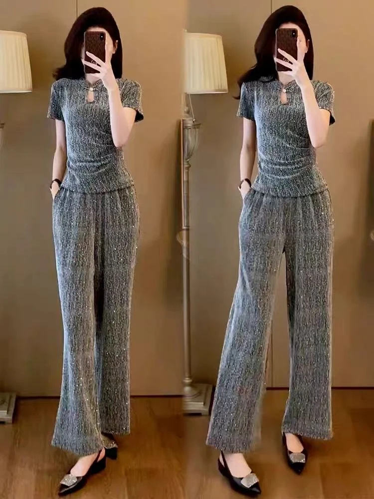 新中式套装女夏新款时尚显瘦短袖上衣亮闪闪休闲运动阔腿裤两件套