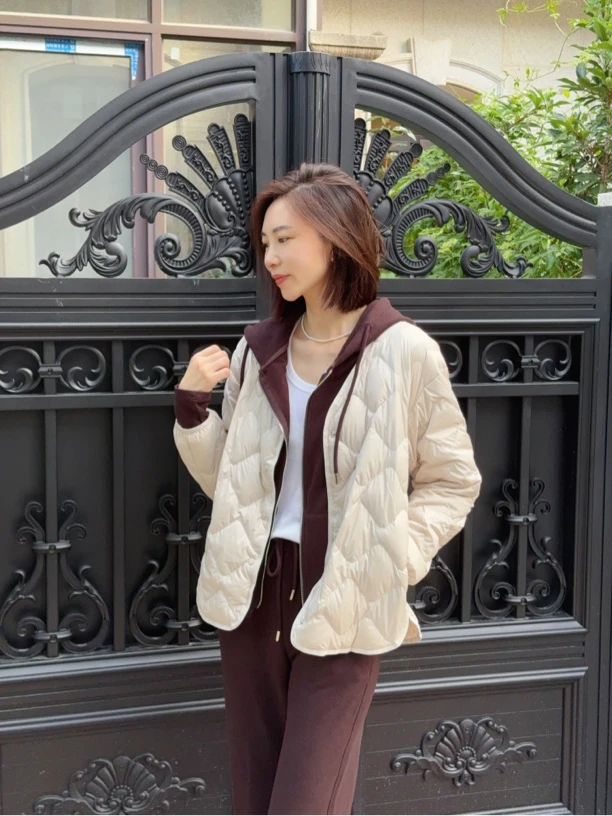 晓夏自制 “轻薄小香风” V领伴侣内搭白鸭绒菱形格内胆羽绒服外套