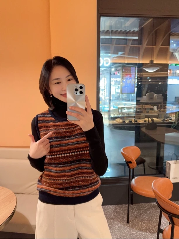 晓夏自制 “波西米亚” 费尔岛100%羊毛彩条编织拼色无袖马甲背心