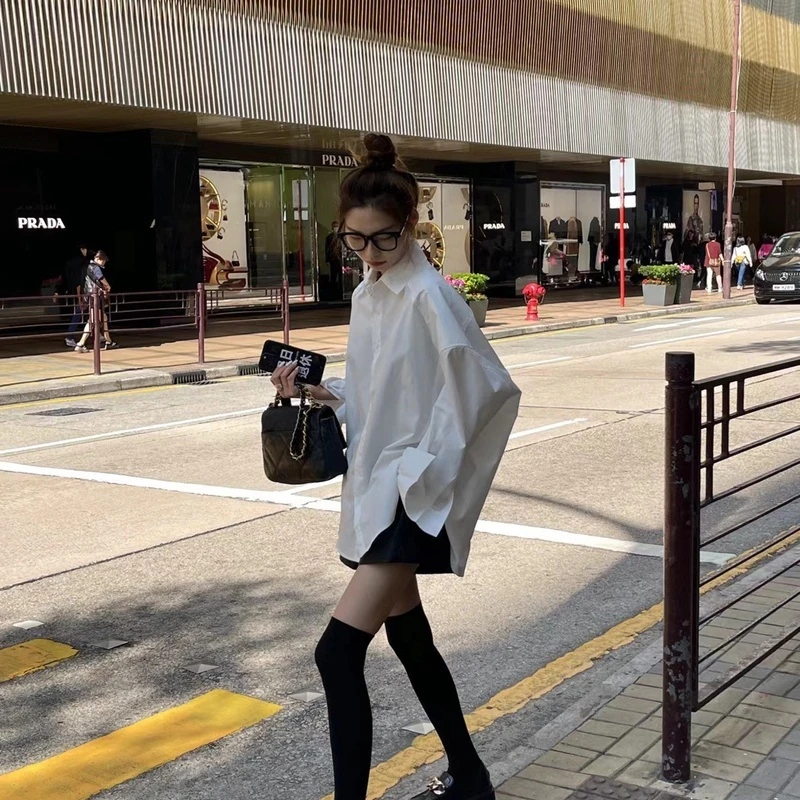 JYCCCCCC白色衬衫女春秋新款设计感小众宽松慵懒风中长款百搭上衣