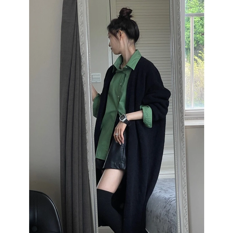 JYCCCCCC黑色开衫针织外套女2025年新款慵懒风休闲毛衣中长款大衣