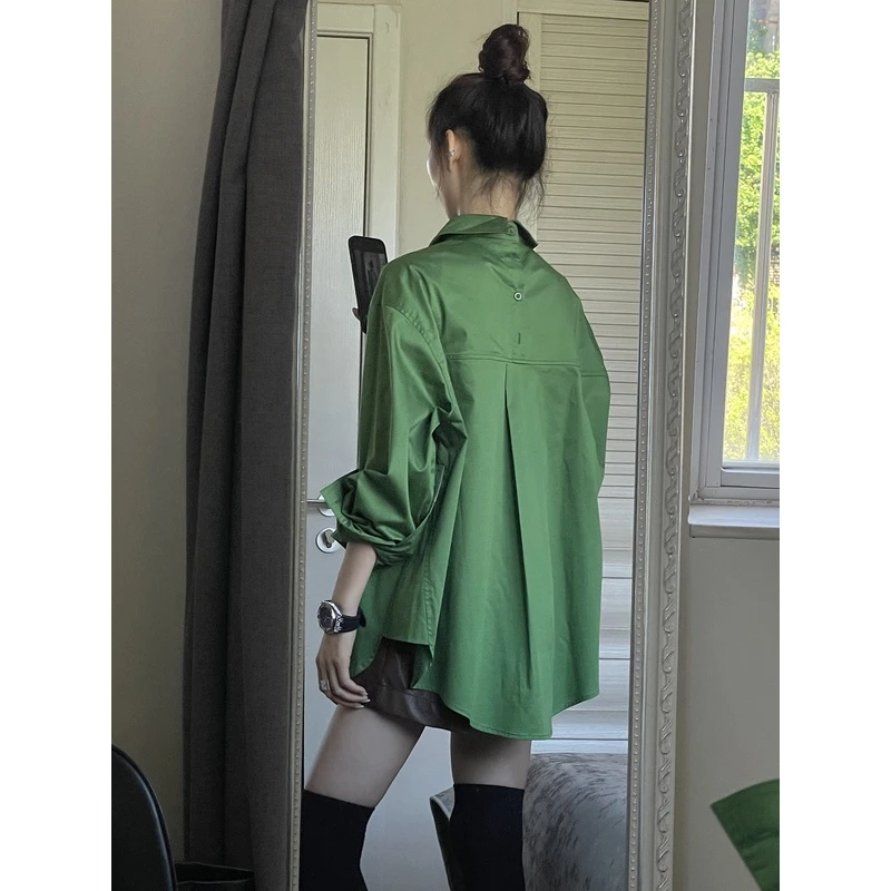 JYCCCCCC 经典时髦简约上衣女2025新款绿色宽松长袖衬衫百搭衬衣