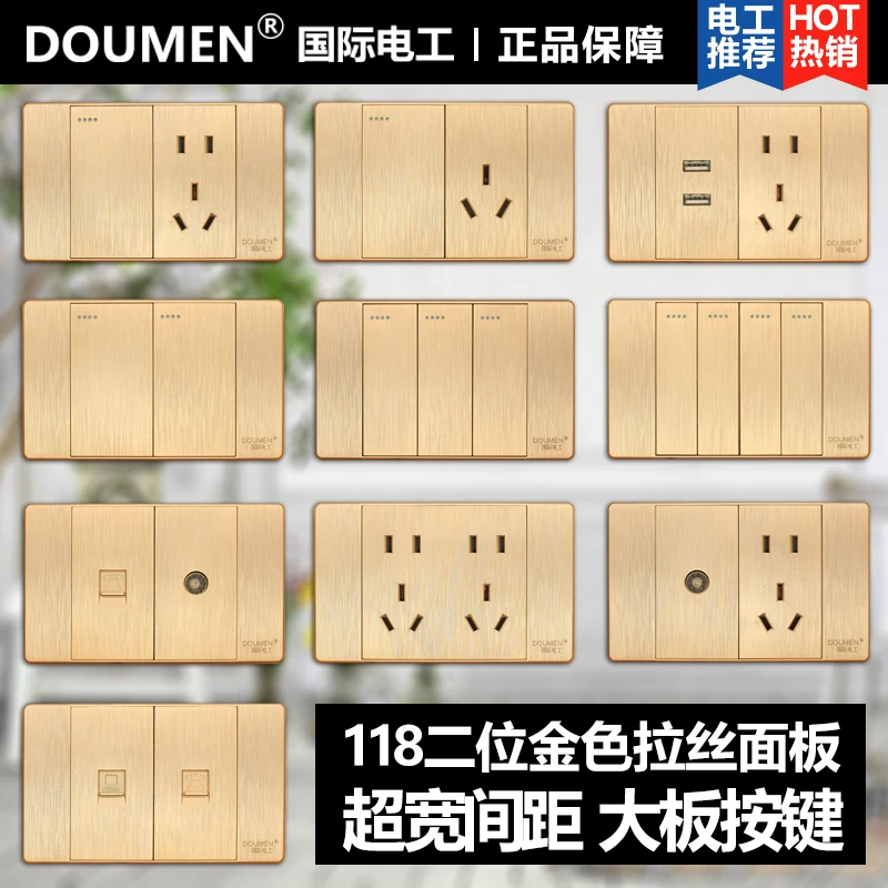 国际电工118开关插座二位十孔二开单双控开关电视电脑拉丝金色