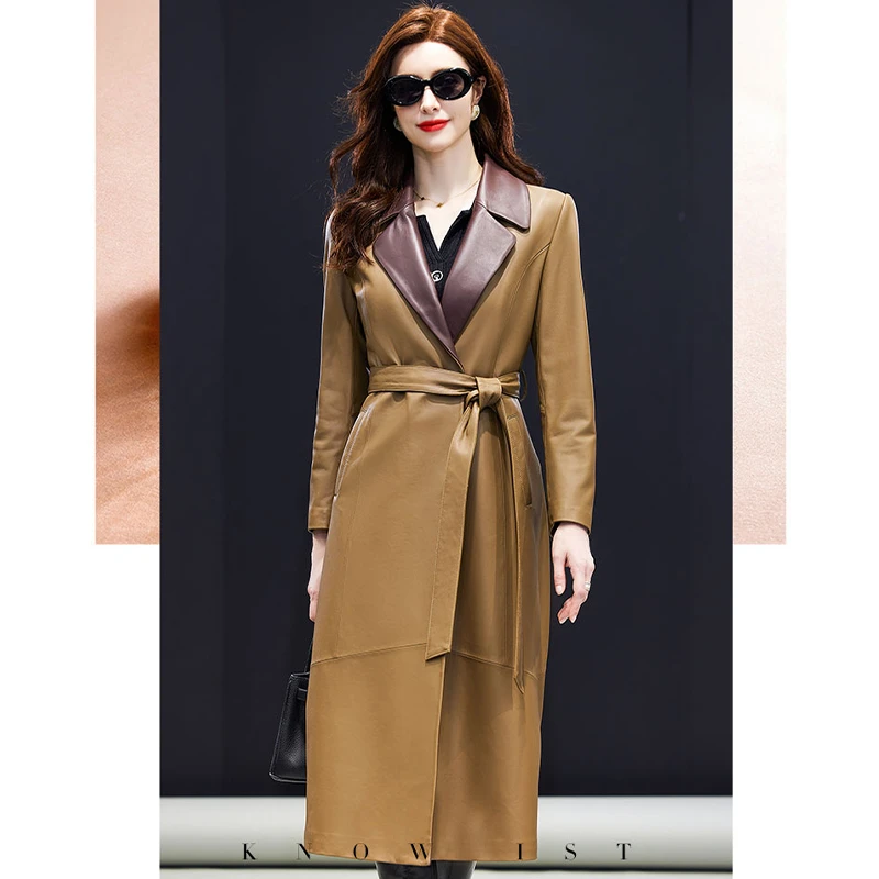 秋冬高定高奢气质绵羊皮真皮风衣女中长款过膝鹅绒服休闲修身外套