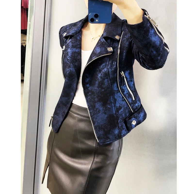 YOU EN 轻奢感星空蓝珠光羊皮修身短款机车真皮皮衣外套女百搭