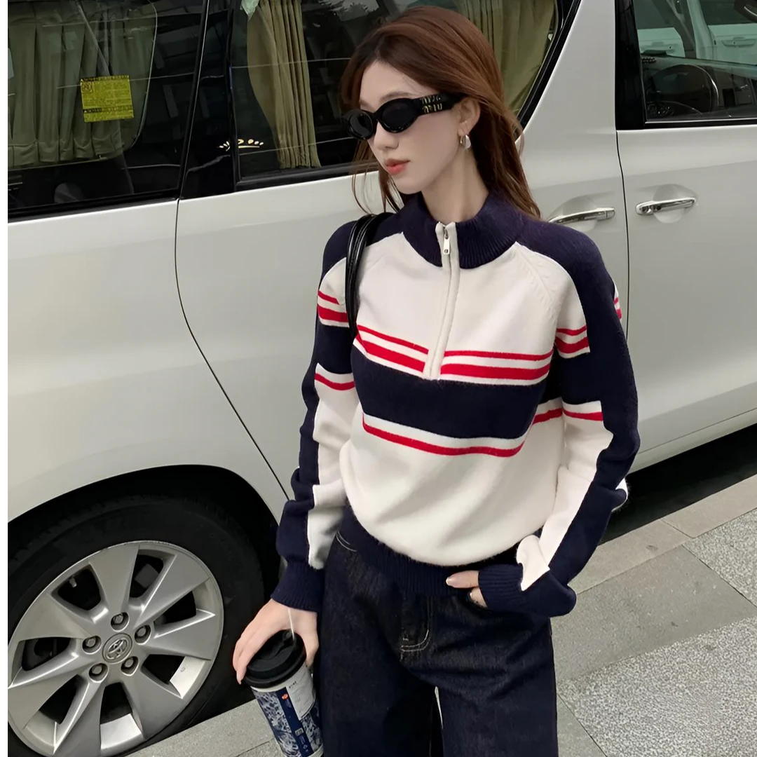 A1536韩版撞色宽松显瘦休闲女春秋设计条纹半拉链长袖针织衫百搭