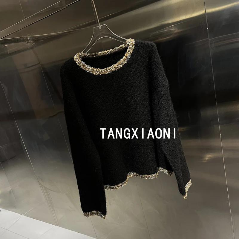 简约金边 编织黑毛衣