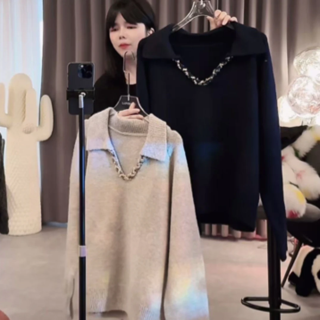 两色手工编织V领 翻领上衣