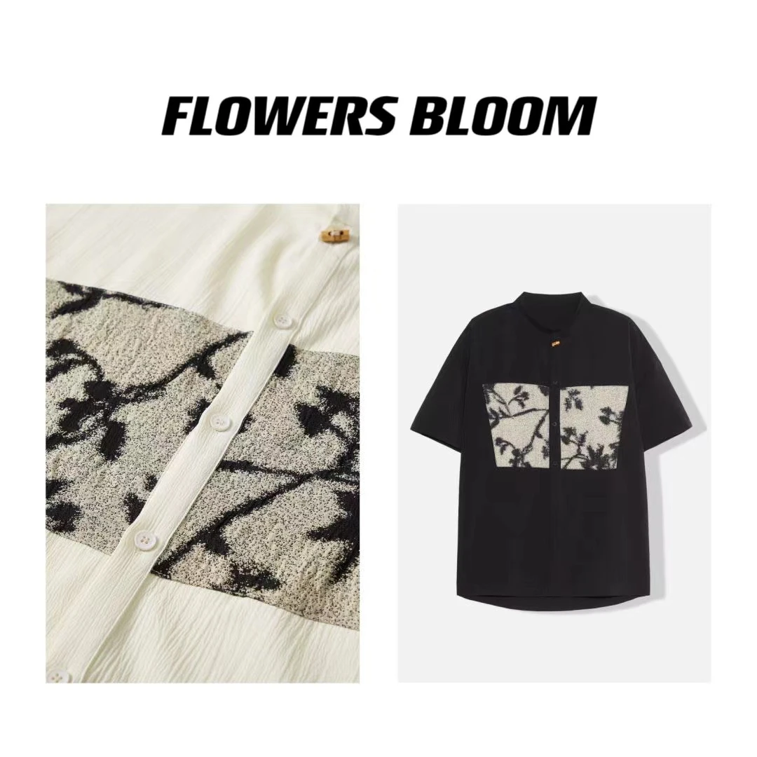 【花开男装】夏季新款贴布印花衬衫夏季复古休闲宽松短袖
