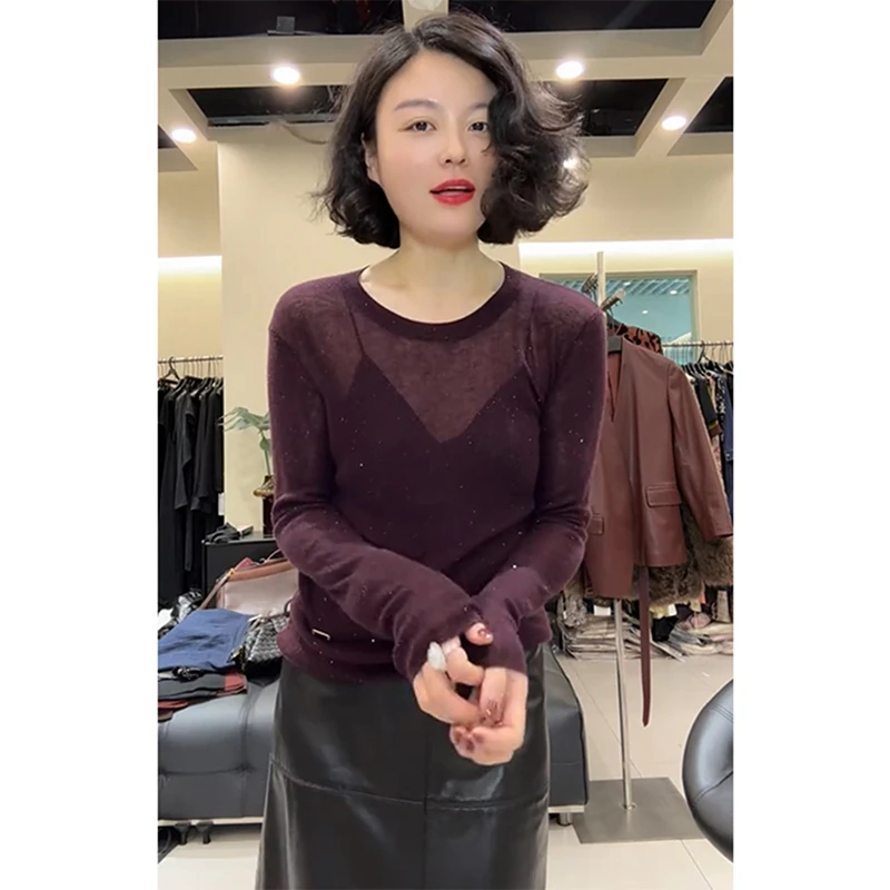 慵懒风显瘦圆领亮片针织衫女欧洲站2025秋季新款洋气百搭纯色上衣