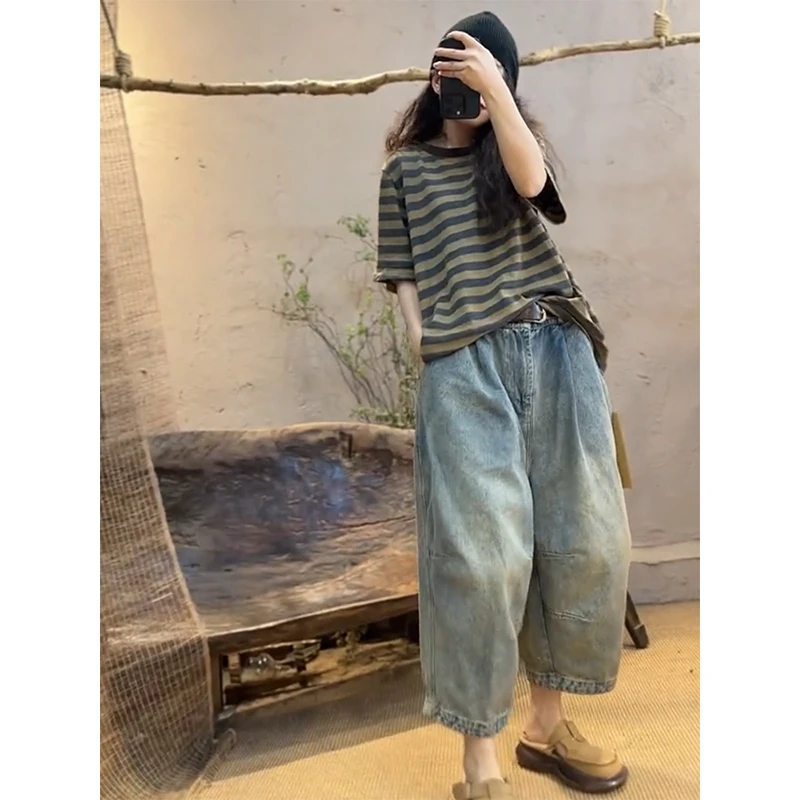 欧洲站2024夏季新款洋气宽松中长款条纹圆领T恤上衣百搭牛仔裤女
