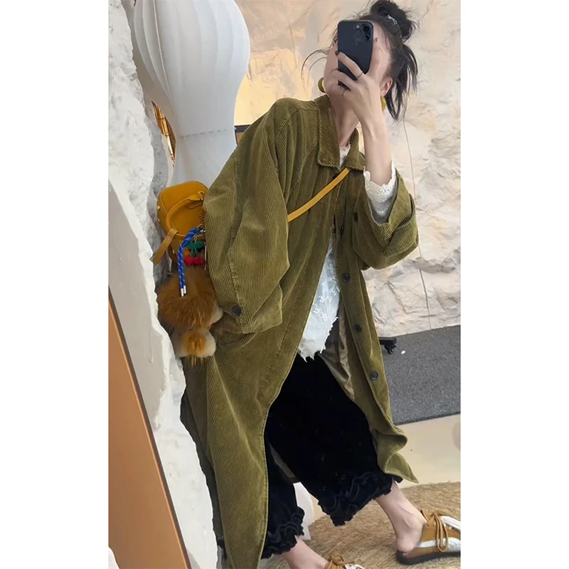 欧洲站2024秋冬新款韩系百搭宽松过膝中长款外套女时尚纯色上衣潮