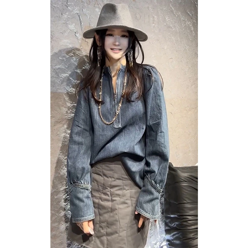 韩版百搭半拉链牛仔衬衫女欧洲站2025春秋新款洋气中长款长袖衬衣