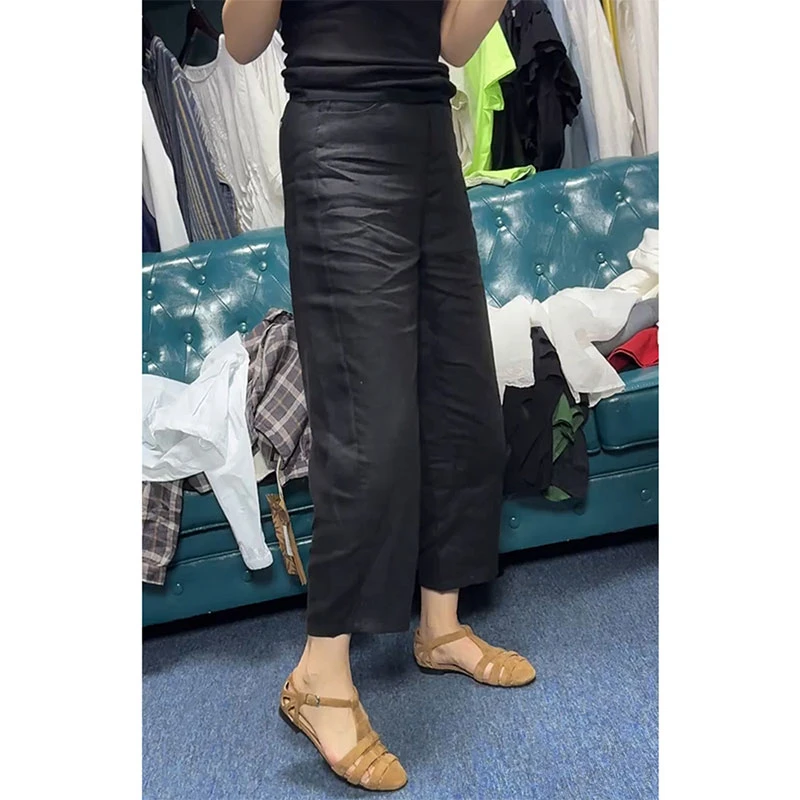 欧洲站2025夏季新款洋气百搭高腰麻料九分裤女时尚简约显瘦休闲裤