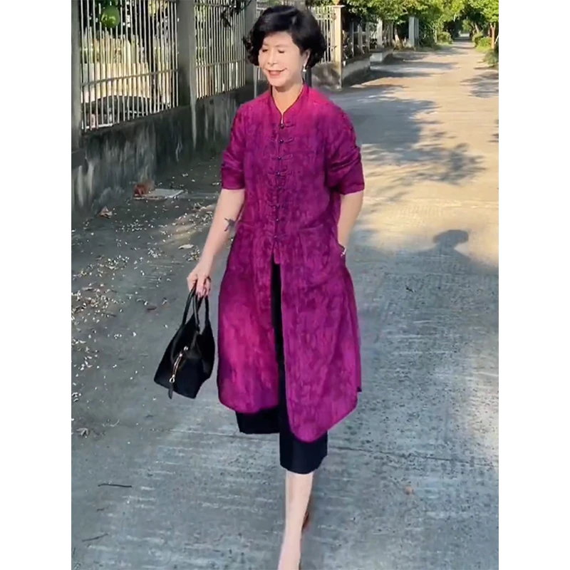 欧洲站2025夏季新款新中式国风中长款提花衬衫百搭黑色八分裤女