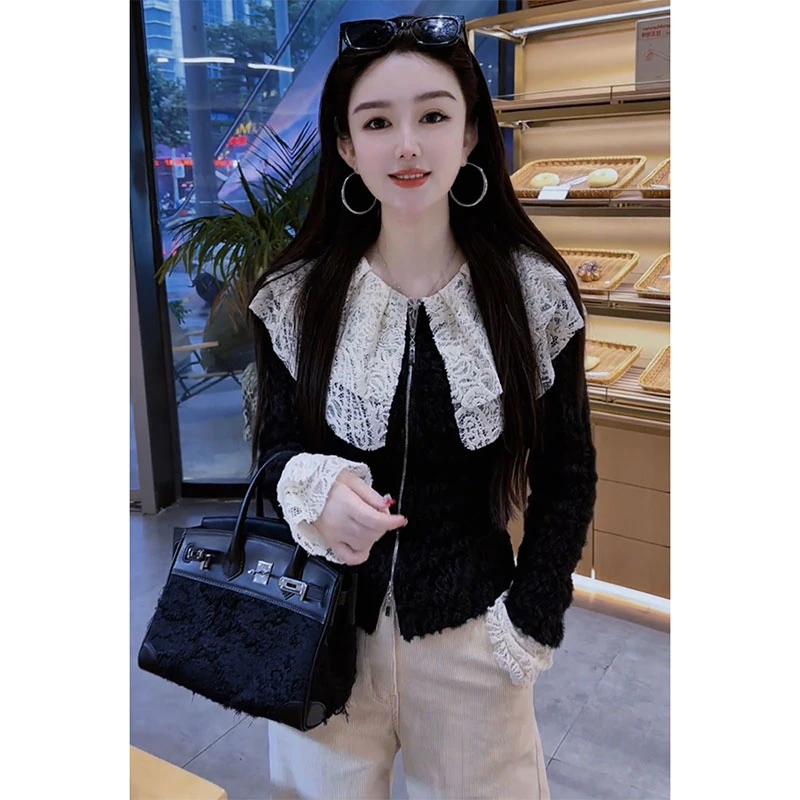 法式小众拼接蕾丝拉链衬衫欧洲站2025春秋新款气质休闲娃娃领上衣