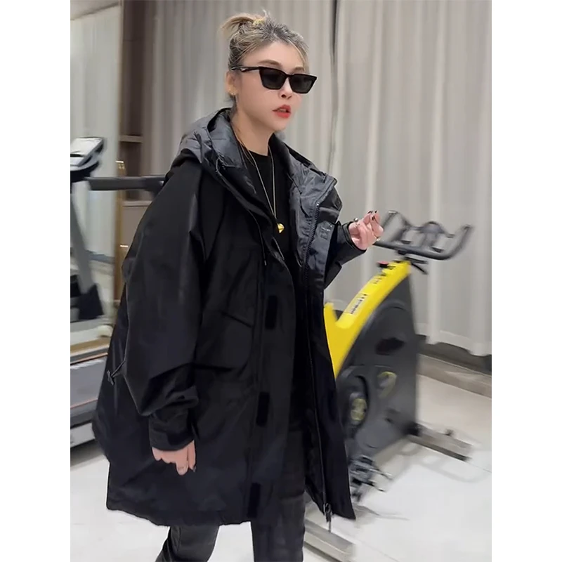 韩系连帽中长款冲锋衣外套女欧洲站2025秋季新款宽松纯色工装外套