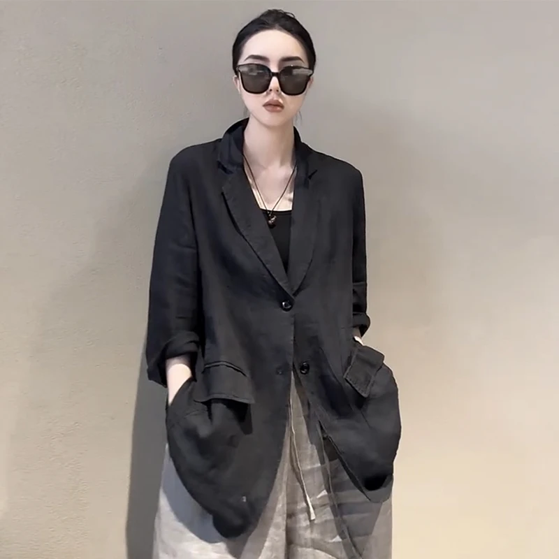 高级感宽松中长款麻料西装外套女欧洲站2025秋季新款百搭纯色上衣