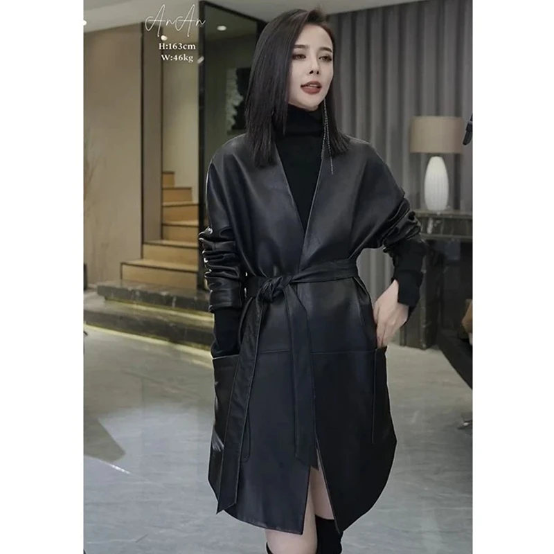 欧洲站时尚皮衣女2025秋冬中长款V领宽松系带收腰PU皮风衣外套潮