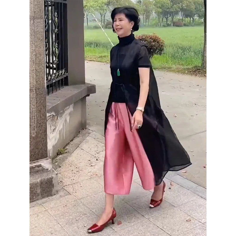 欧洲站2024夏季新款高级感盘扣中长款马甲女百搭高腰八分裤套装