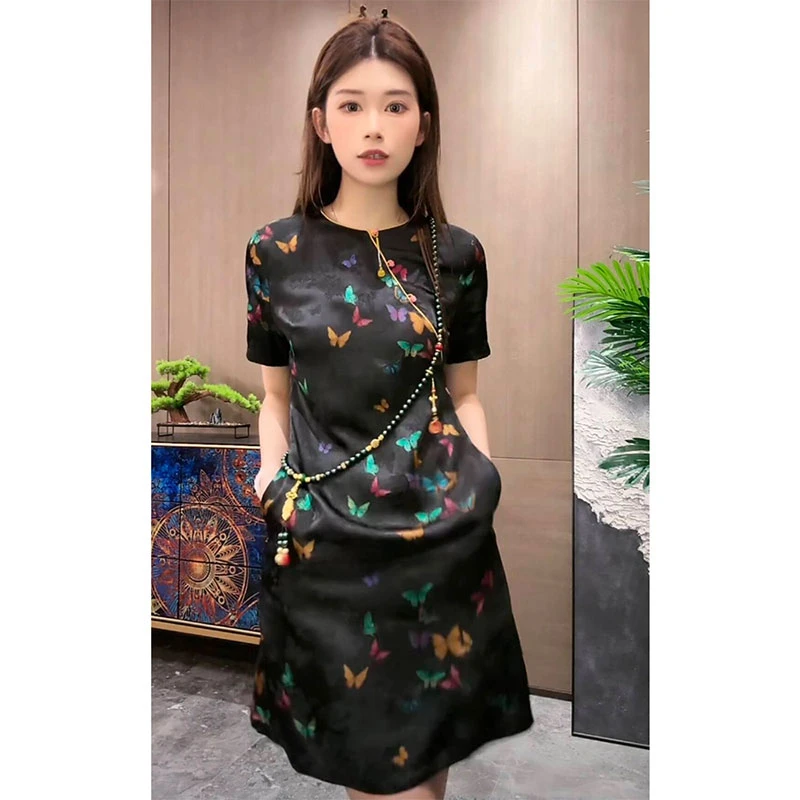 欧洲站2025夏季新款时尚蝴蝶印花修身高腰减龄短袖圆领连衣裙女潮