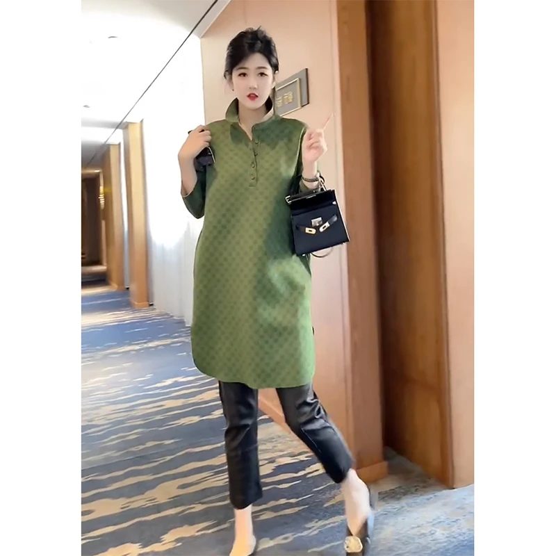 欧洲站2024秋季新款时尚宽松百搭POLO领中长款印花T恤上衣女潮