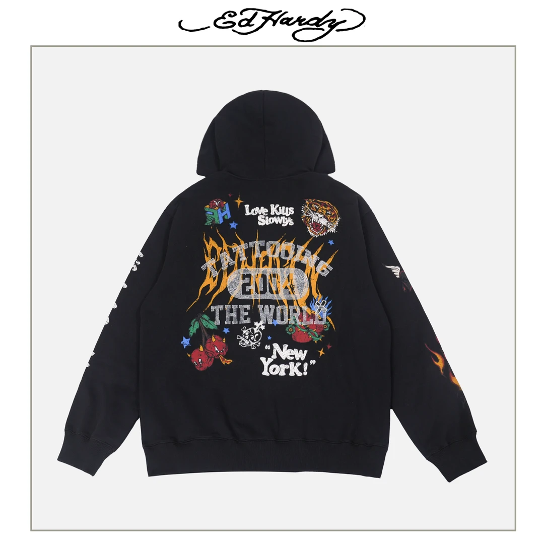 Ed Hardy/埃德哈迪美式烫钻涂鸦嘻哈风拉链卫衣外套E1PYM425