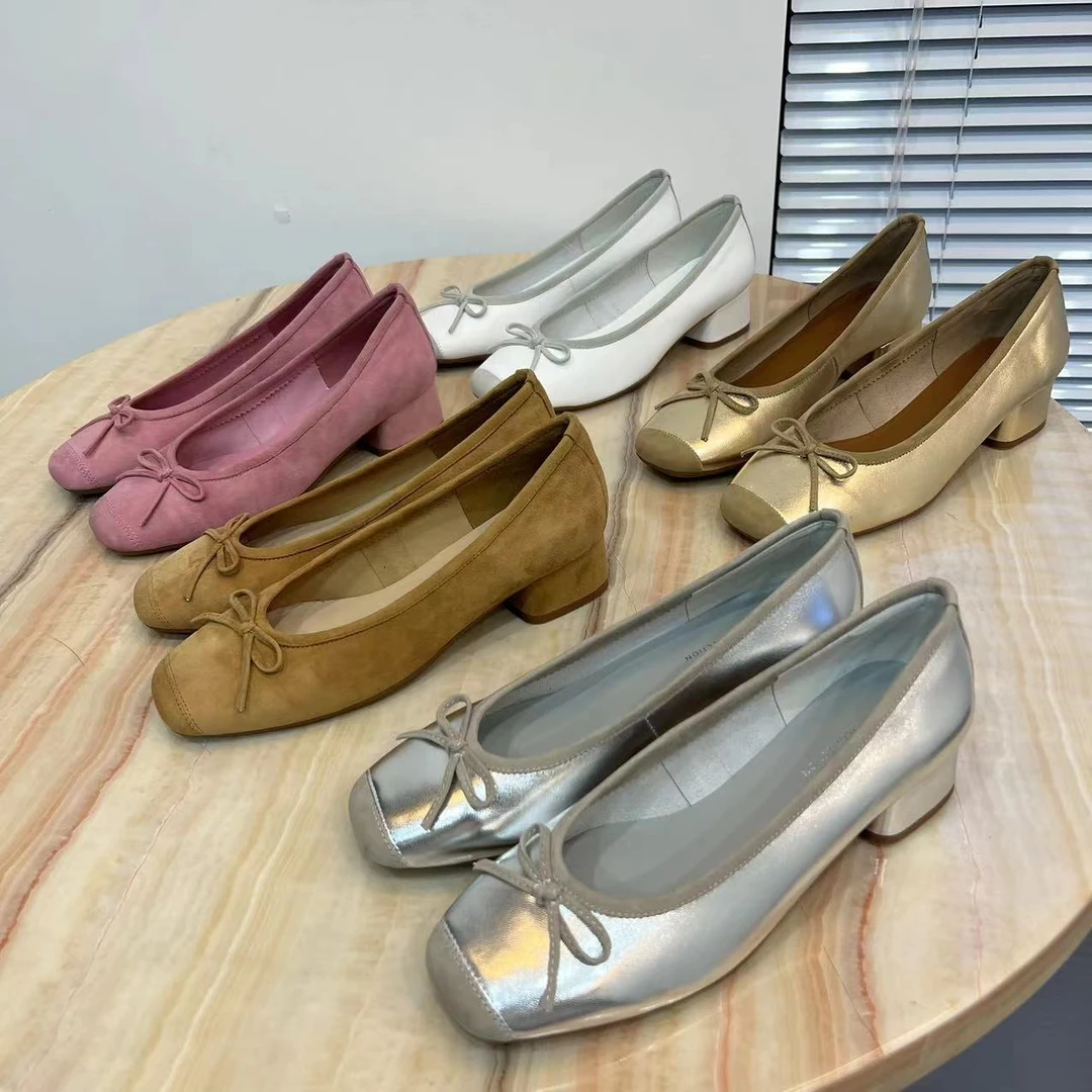 Eaglelyb【波嫂推荐】【8031】新款百搭软底方头蝴蝶结浅口粗跟单鞋