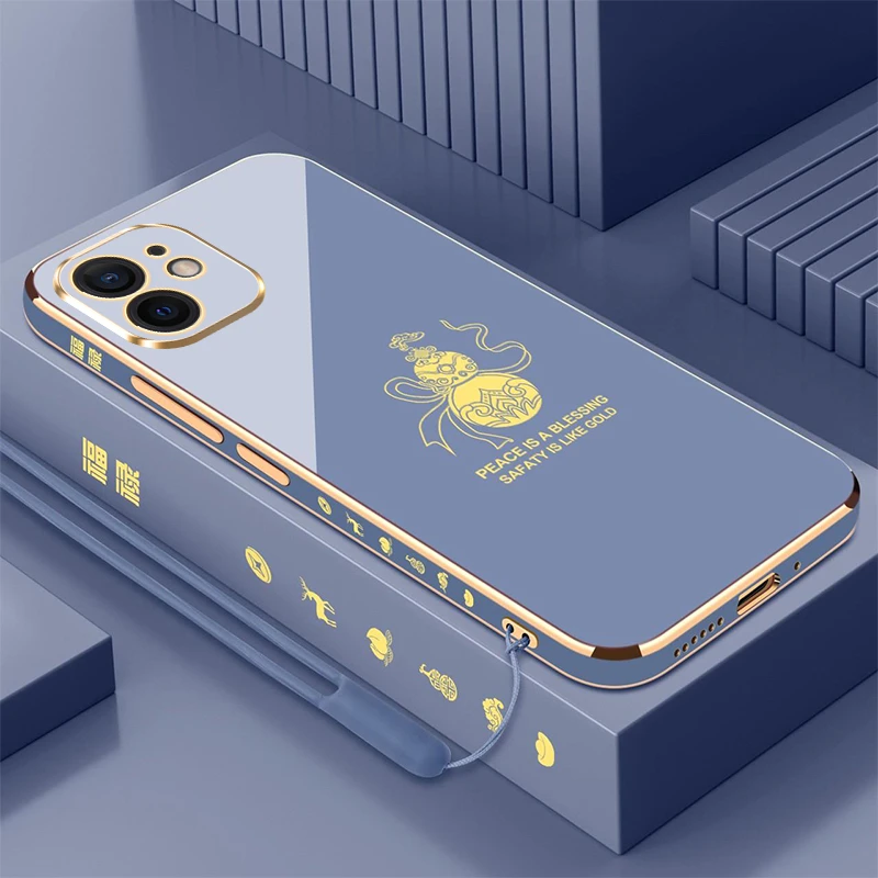 电镀富贵葫芦适用苹果12手机壳防摔直边黑色轻奢全包挂绳