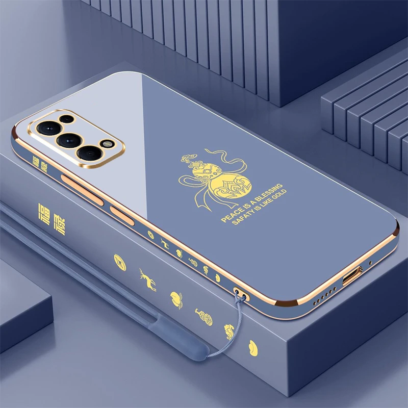 电镀富贵葫芦适用OPPOReno5Pro手机壳防摔直边黑色轻奢全包挂绳