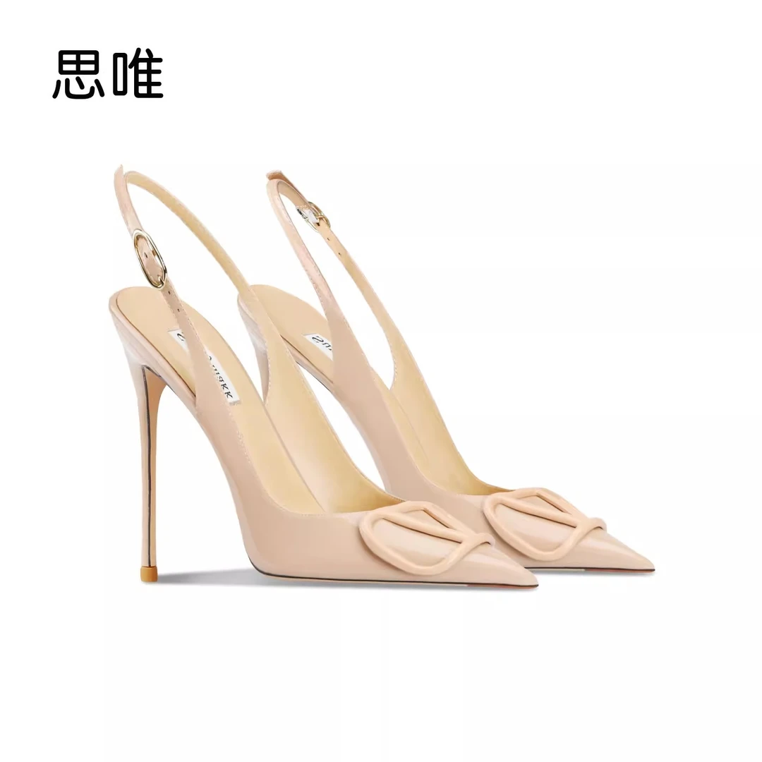 裸色漆皮一字带边扣凉鞋女2025年新款夏季细跟后空性感小香风单鞋