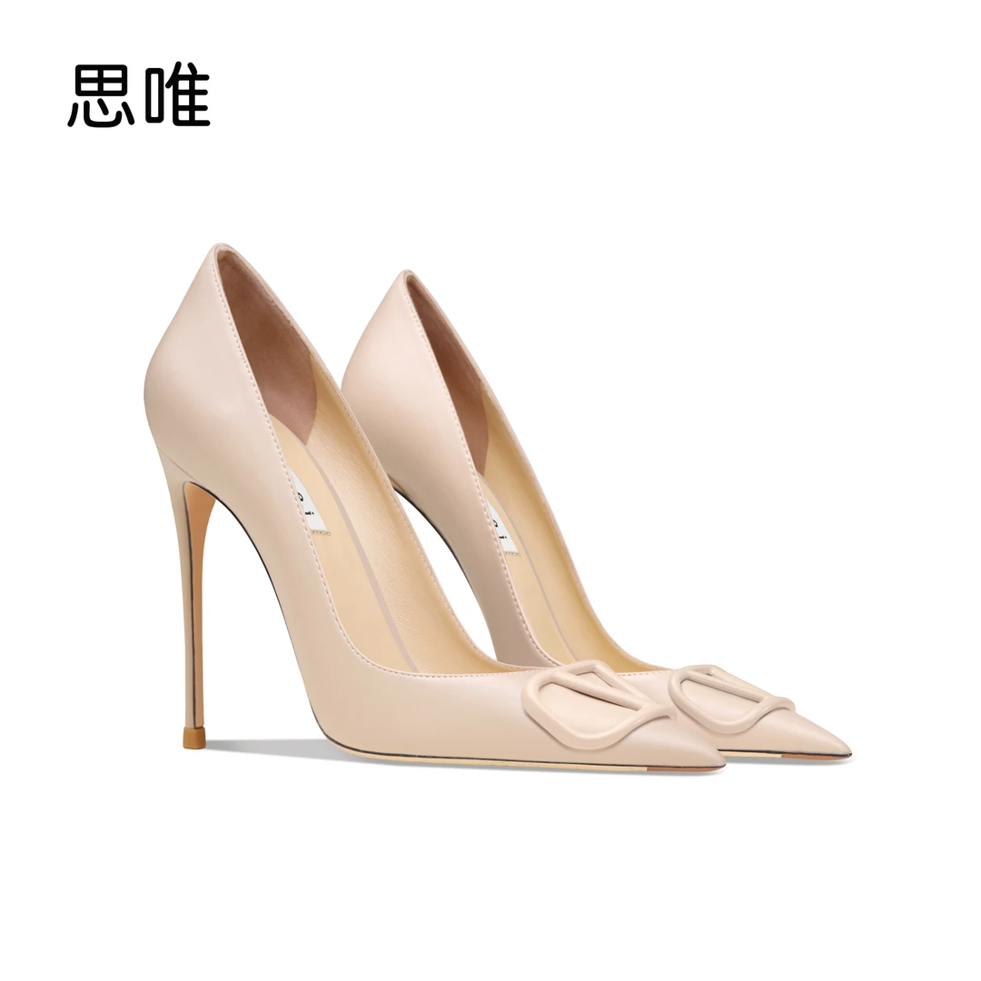 思唯V扣裸色哑光高跟鞋女2025新款尖头细跟性感气质优雅搭扣单鞋