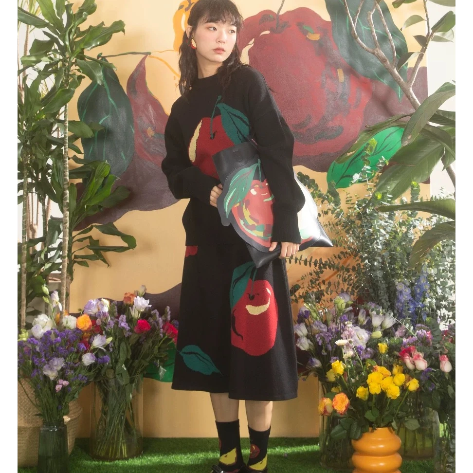 【LiLi穿搭】秋冬复古红苹果提花宽松毛衣套装