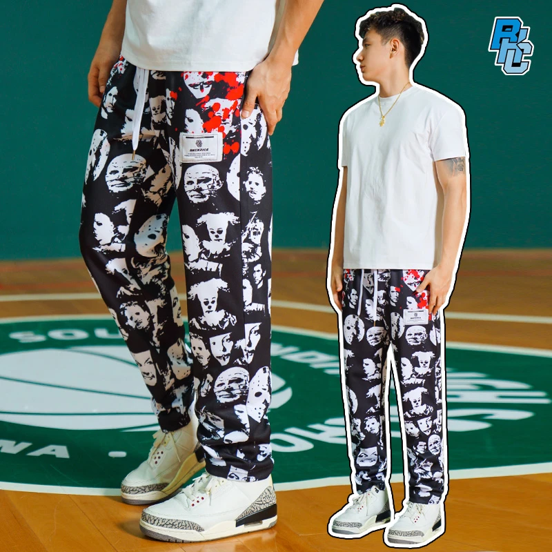 bkcxzice破冰人像血痕美式篮球训练裤直筒运动长裤男宽松休闲卫裤