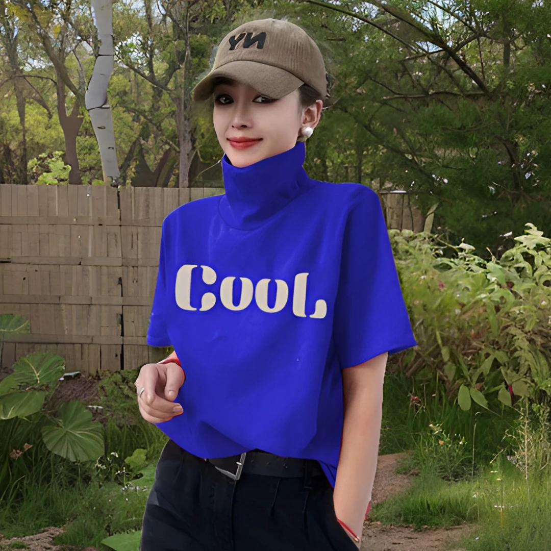 克莱因蓝时尚夏季打底衫护颈中袖宽松t恤女气质弹力显瘦洋气百搭.