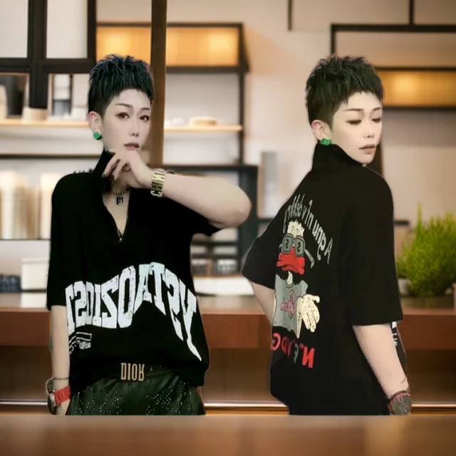 网红薄款时尚拉链半袖宽松t恤女夏季大码休闲百搭弹力印花ins潮ol