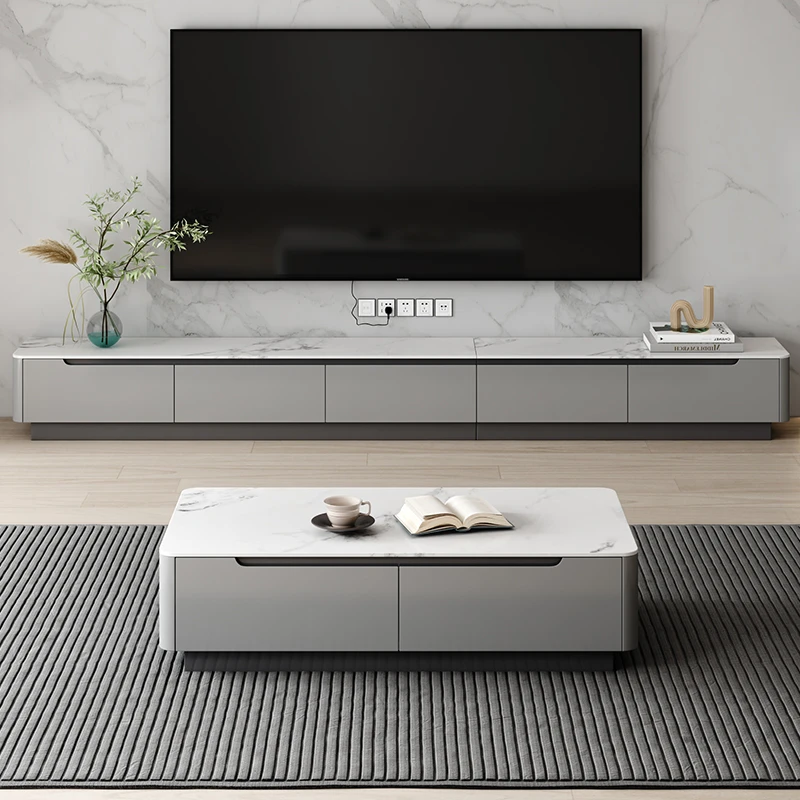 轻奢全实木茶几电视柜组合意式极简灰色烤漆简约大小户型岩板地柜